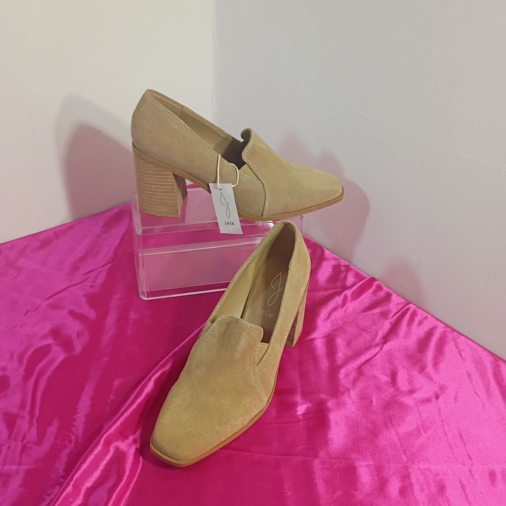 JOIE Wevenly Women's SZ 8 Suede Loafers Block Heels Shoes Beige .